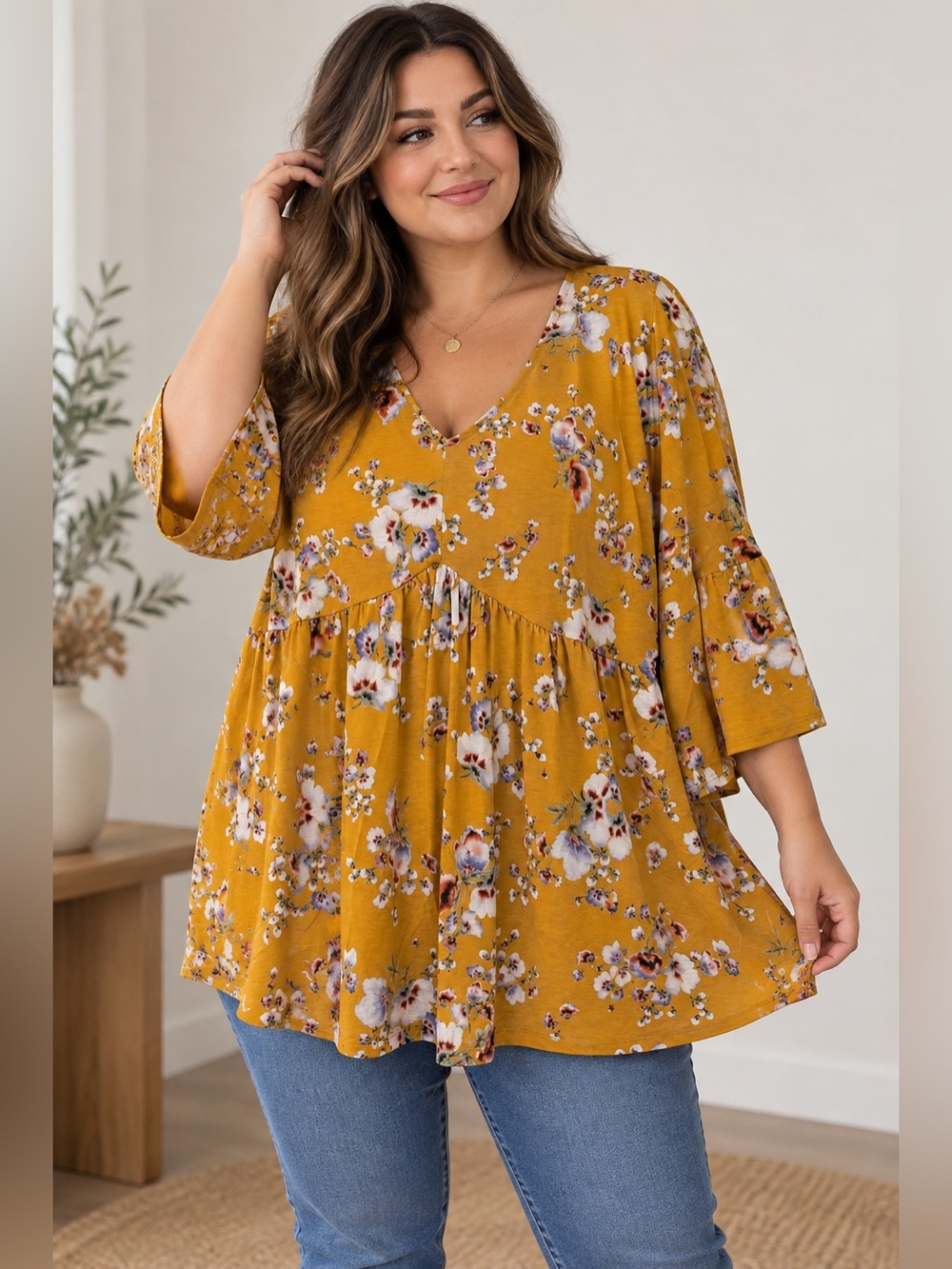 Dear Scarlett Mustard Floral Bell Sleeve Babydoll Tunic Top 2XL